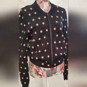 BCBGMaxAzria Black and Pink Polka Dot Bomber Style Sweater